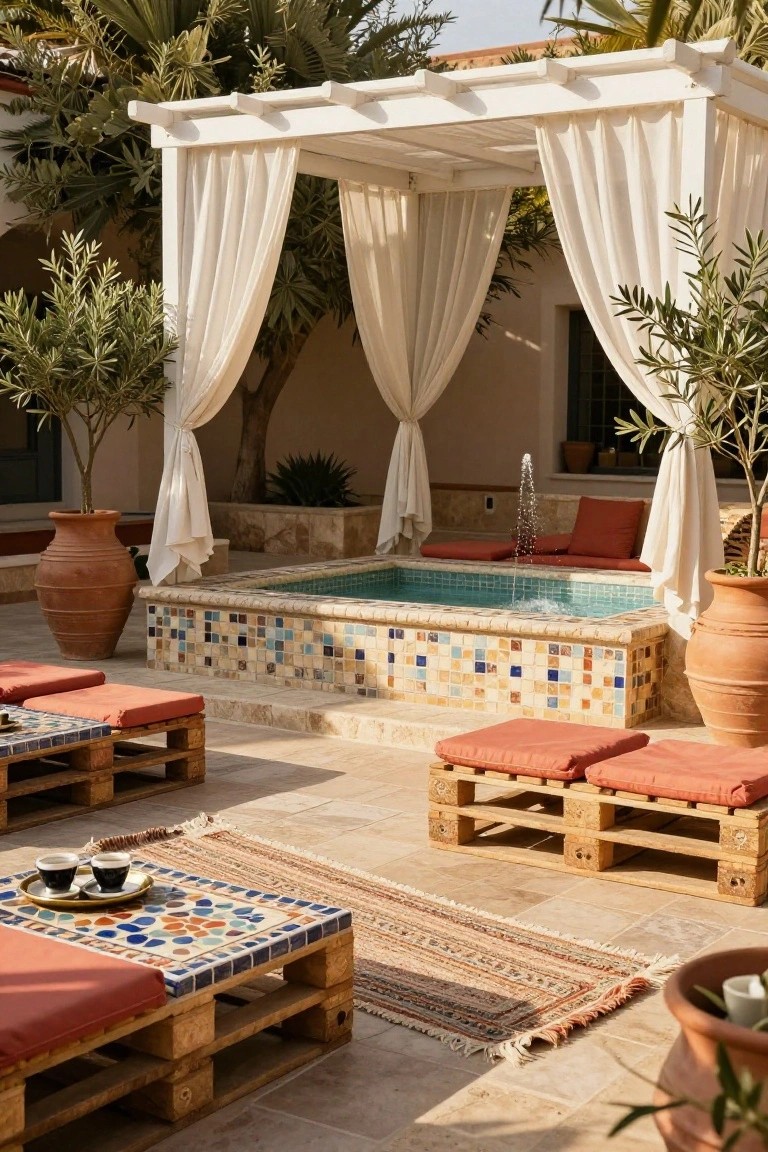 Outdoor patio featuring a small turquoise-tiled pool with fountain, white pergola draped in sheer curtains, wooden pallet furniture with orange cushions and mosaic tile tops, terracotta pots, olive trees, and patterned rugs on stone flooring.