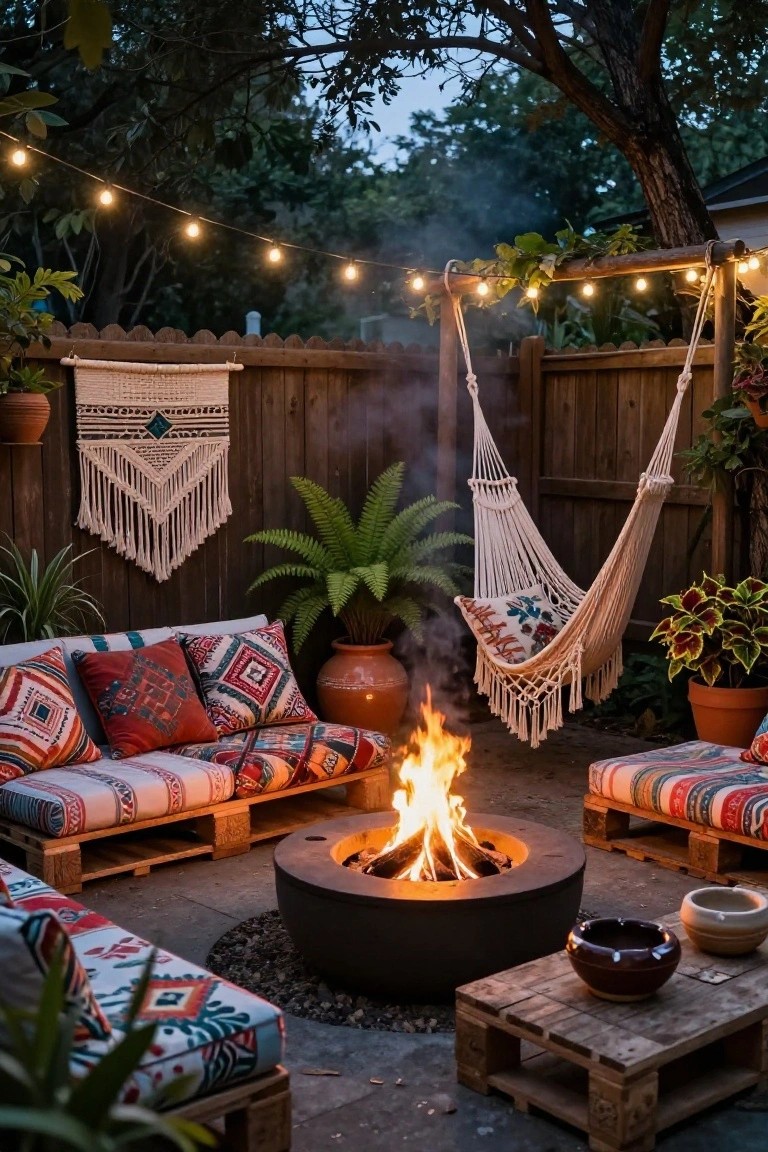 A backyard patio with colorful patterned pallet sofas arranged in a semicircle around a black metal fire pit containing flames, plus a white hammock swing, potted plants, string lights, and woven wall hangings against a wooden fence.