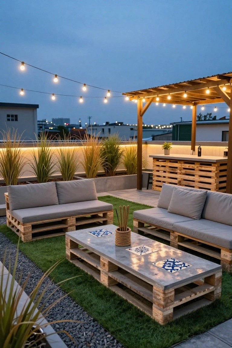 Rooftop terrace at dusk with wooden pallet sofas topped by gray cushions, a pallet coffee table with concrete surface and blue tiles, a pallet bar counter, potted grasses, string lights under a pergola, and patches of artificial grass on a concrete deck.