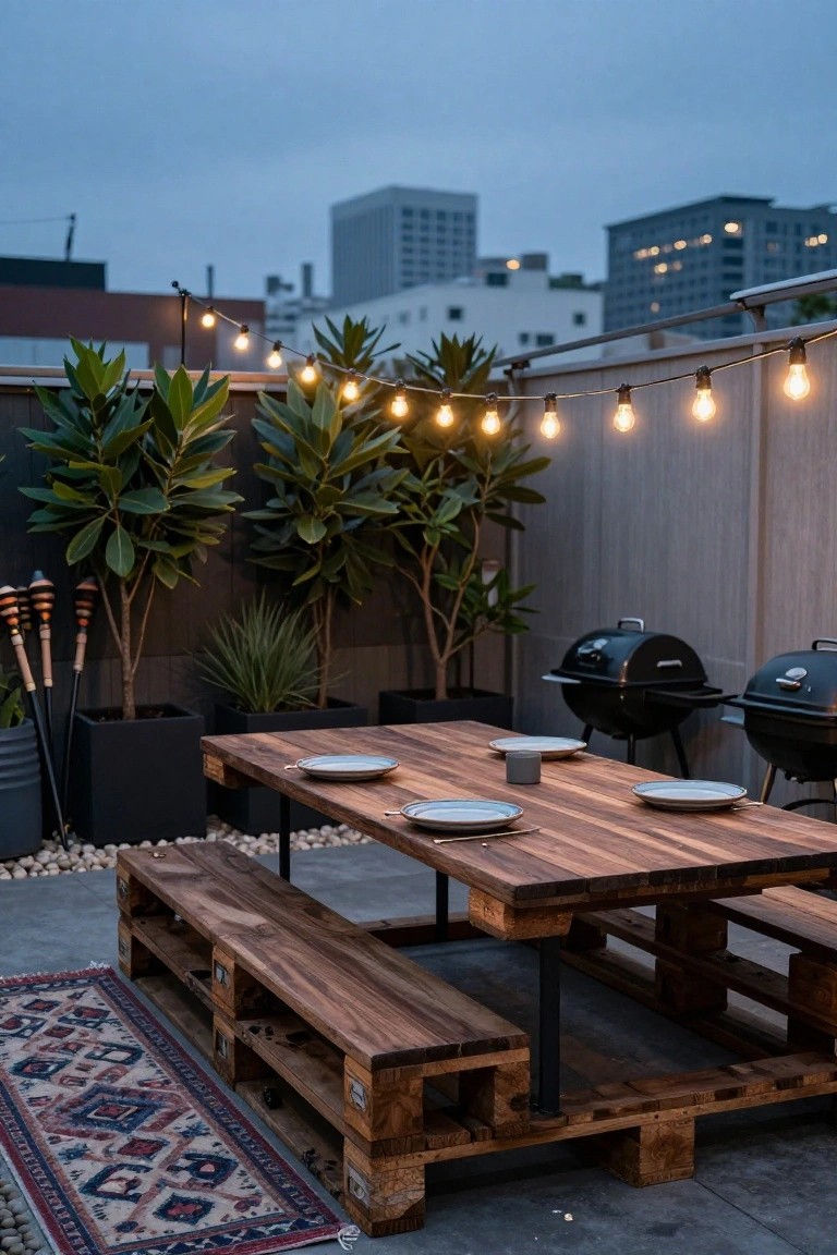 Rooftop terrace featuring a wooden pallet table with benches, white plates, two black barbecues, potted plants, torches, string lights, and city buildings in the background at dusk.