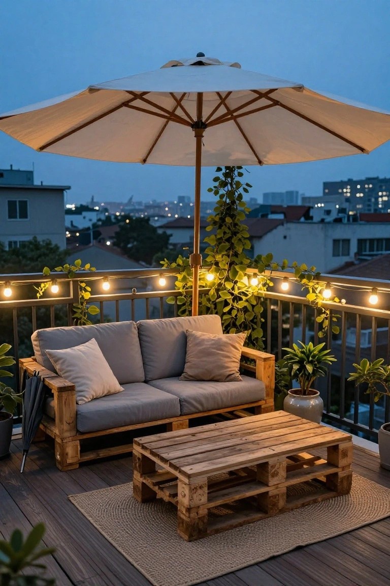 A balcony deck with wooden pallet sofa and coffee table topped by gray cushions, potted plants, string lights on metal railing wrapped in vines, white market umbrella, and cityscape view at dusk.