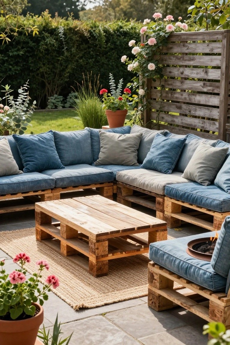 Wooden pallet corner sofa with blue denim cushions and gray pillows on a stone patio, paired with pallet coffee table, small fire bowl, seagrass rug, and garden plants and fence in the background.