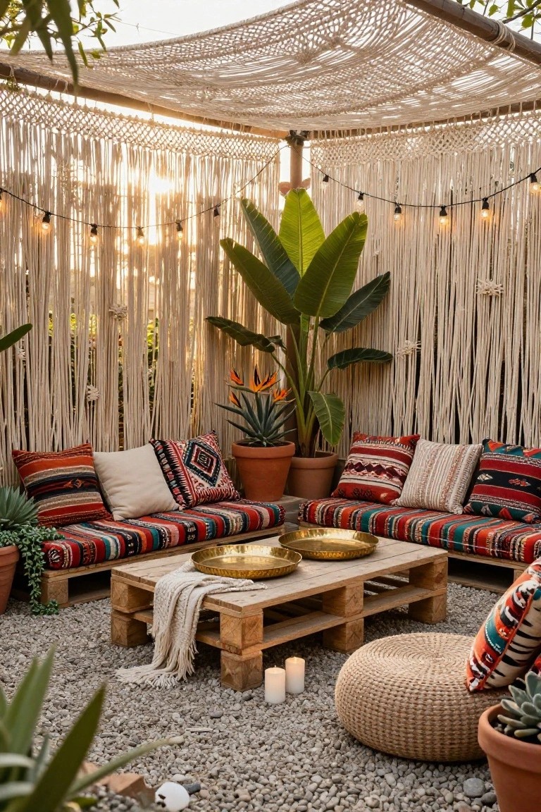 Outdoor lounge area with wooden pallet couches topped by colorful patterned cushions, a pallet coffee table holding brass trays and candles, surrounded by potted plants, macrame screens, and string lights under a woven canopy on gravel ground.