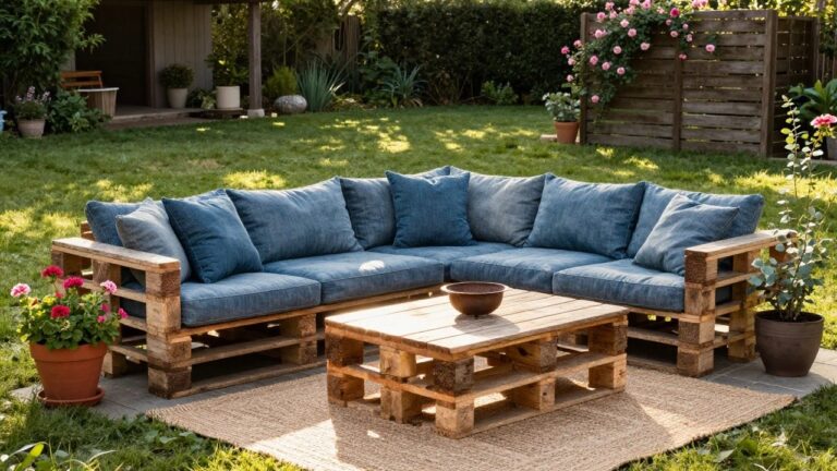 20 Impressive Pallet Garden Furniture Ideas That Transform Any Yard Wooden pallet corner sofa with blue denim cushions and gray pillows on a stone patio, paired with pallet coffee table, small fire bowl, seagrass rug, and garden plants and fence in the background.