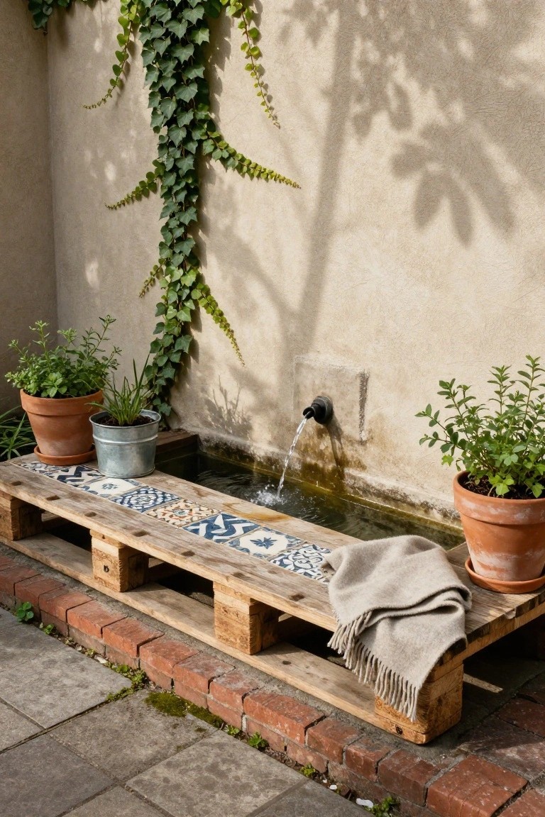 Weathered pallet bench with blue and white patterned tile top beside a wall-mounted black faucet pouring water into a shallow tiled trough, ivy climbing beige wall, potted herbs on brick edging and paved patio.
