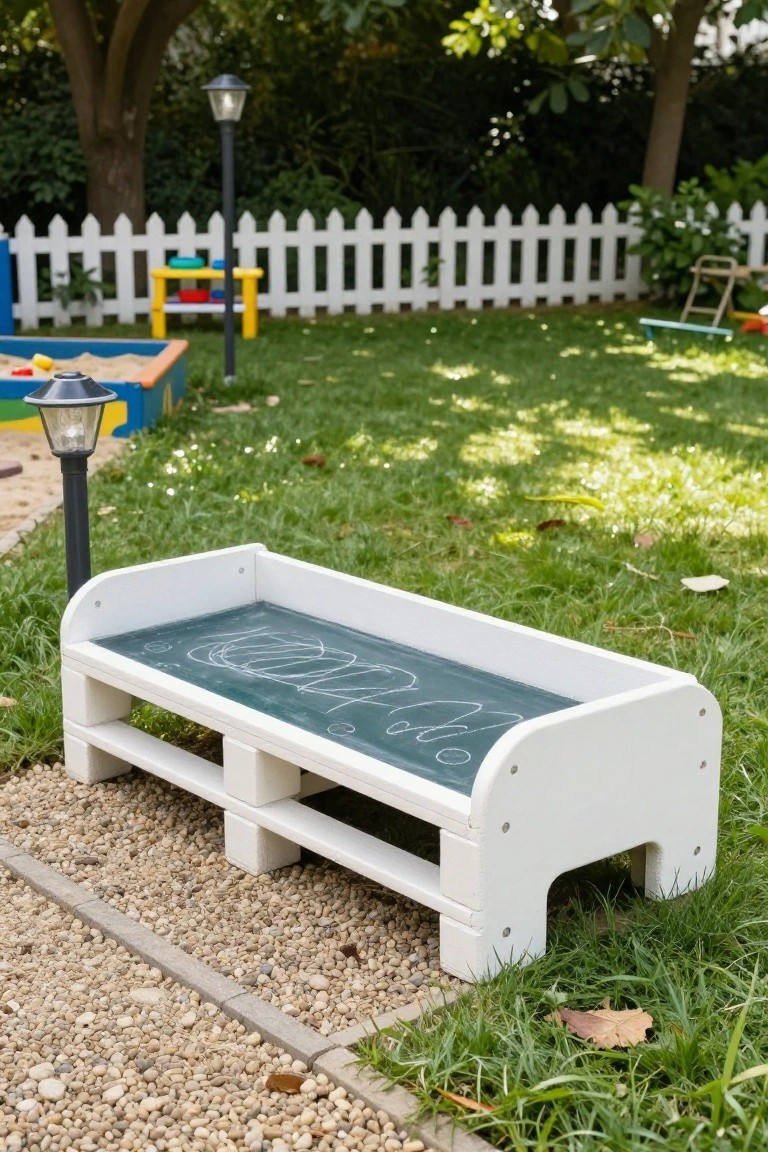 White pallet bench with black chalkboard top in a grassy backyard near a colorful sandbox, white picket fence, and garden lamp.