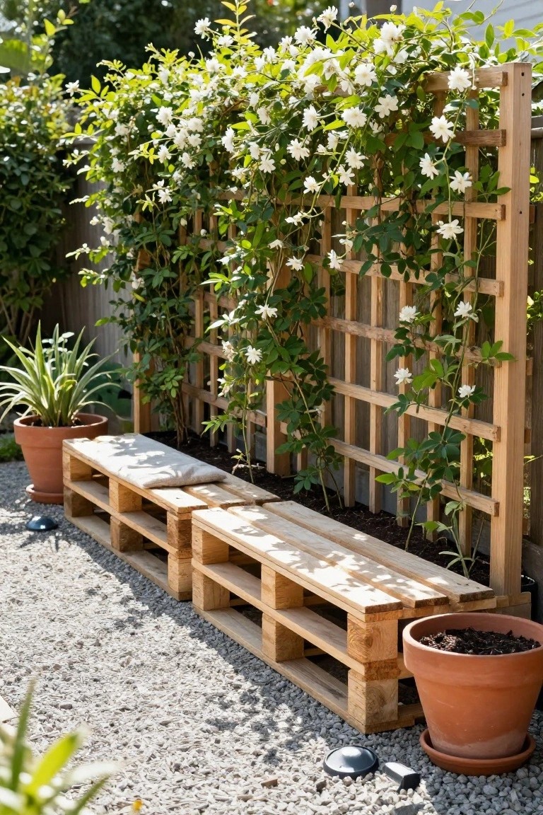 Pallet Benches Along a Trellis Fence
