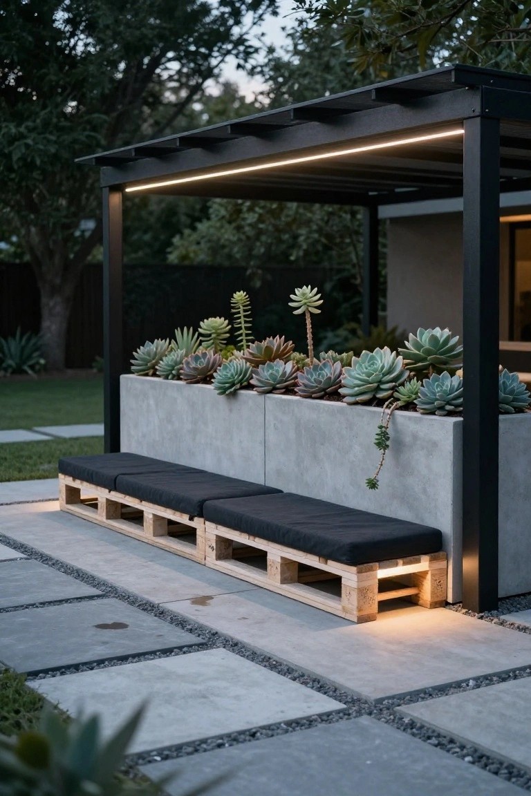 Black metal pergola with LED strip lighting over concrete planters filled with succulents and wooden pallet benches with black cushions on a gray paver patio surrounded by greenery and grass.
