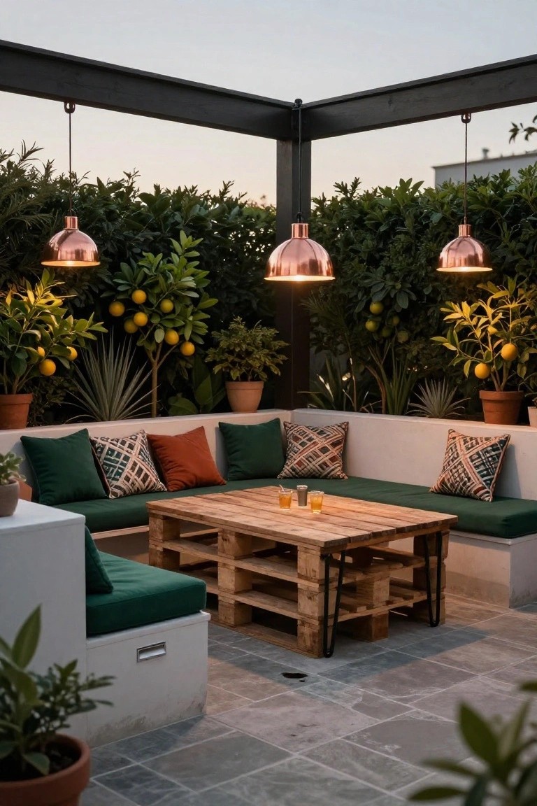 Rooftop terrace corner with L-shaped built-in bench of green cushions on pallets, central wooden pallet table with metal legs, potted orange trees and agave plants, copper pendant lights hanging above, and tiled stone floor.
