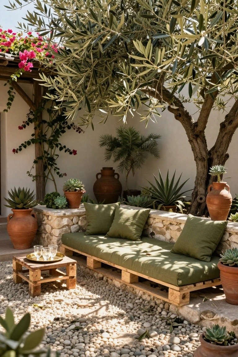 Wooden pallet daybed with green cushions on a gravel patio, surrounded by olive tree, succulents in terracotta pots, and white stone walls.