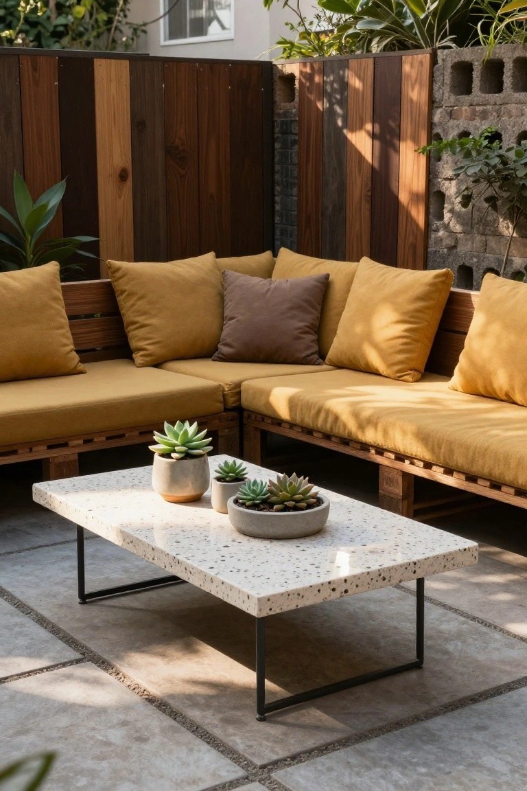 Corner L-shaped outdoor sofa constructed from wooden pallets with mustard yellow and beige cushions, low rectangular white terrazzo coffee table with potted succulents, tiled patio floor, wooden fence panels and greenery in background.