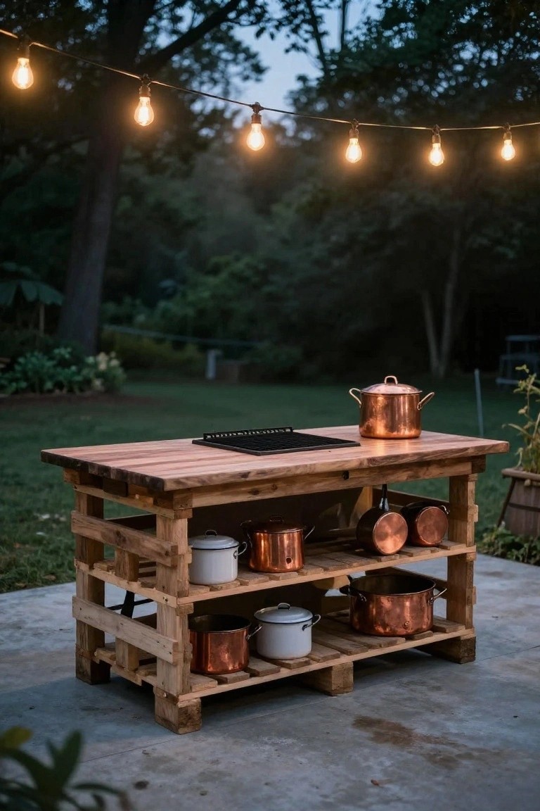 Wooden pallet kitchen island outdoors with built-in grill top, shelves holding copper pots and white pans, string lights overhead, garden in background at dusk