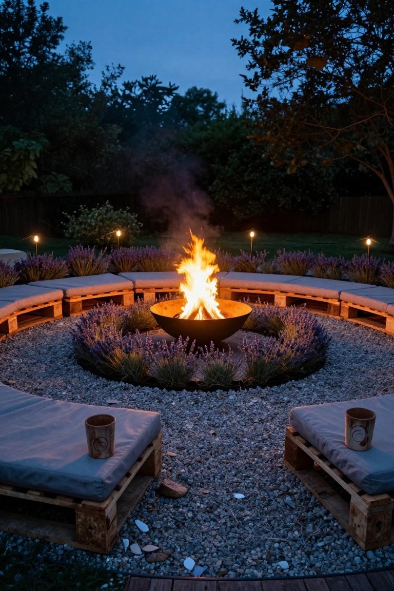 Circular outdoor fire pit area at dusk with orange flames in a large metal bowl, surrounded by curved benches made from stacked wooden pallets topped with gray cushions, bordered by lavender plants and gravel, with solar lanterns and trees in the background.