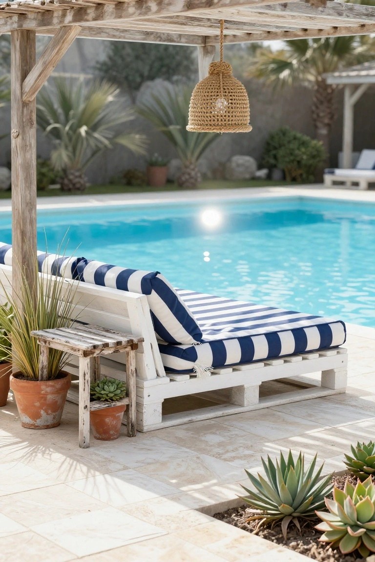 White pallet lounge chair with navy and white striped cushions positioned poolside under a wooden pergola, next to potted plants and agave succulents on tiled paving.