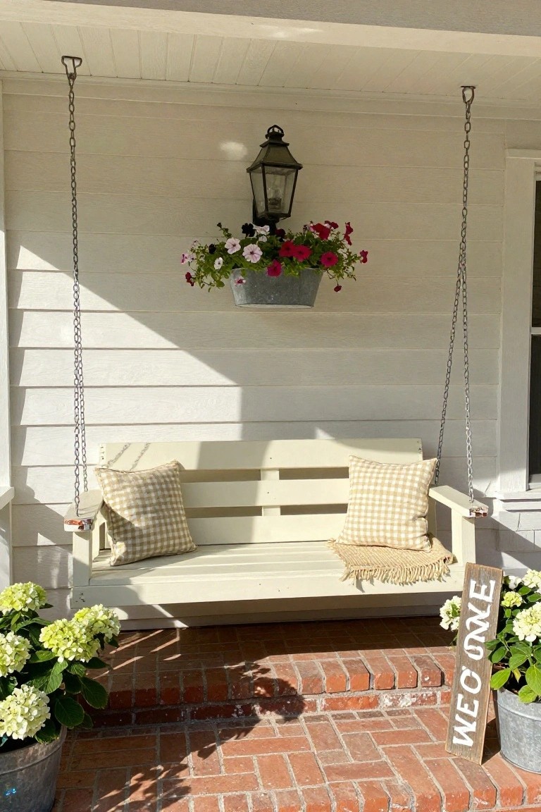 White wooden porch swing hanging from chains on a covered porch, with beige checkered pillows, a throw blanket, hanging flower basket, wall lantern, potted hydrangeas, and a wooden