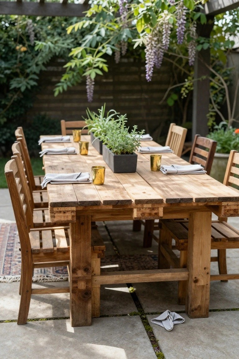 Wooden dining table constructed from pallets with slatted top and legs, set with linen napkins, gold metal cups, and central black planter of herbs, surrounded by wood chairs on a patio under pergola with wisteria vines and garden backdrop.