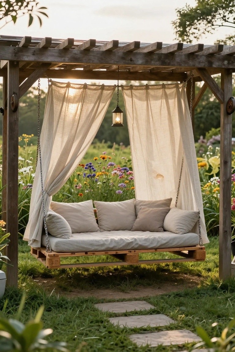 Rustic Pallet Swing Bed in a Pergola