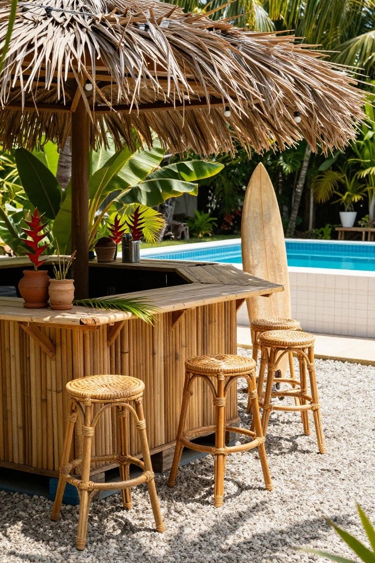 A thatched-roof bamboo bar with rattan stools, potted plants, and a surfboard leaning nearby, positioned next to a rectangular blue swimming pool surrounded by tropical greenery and pebble ground.