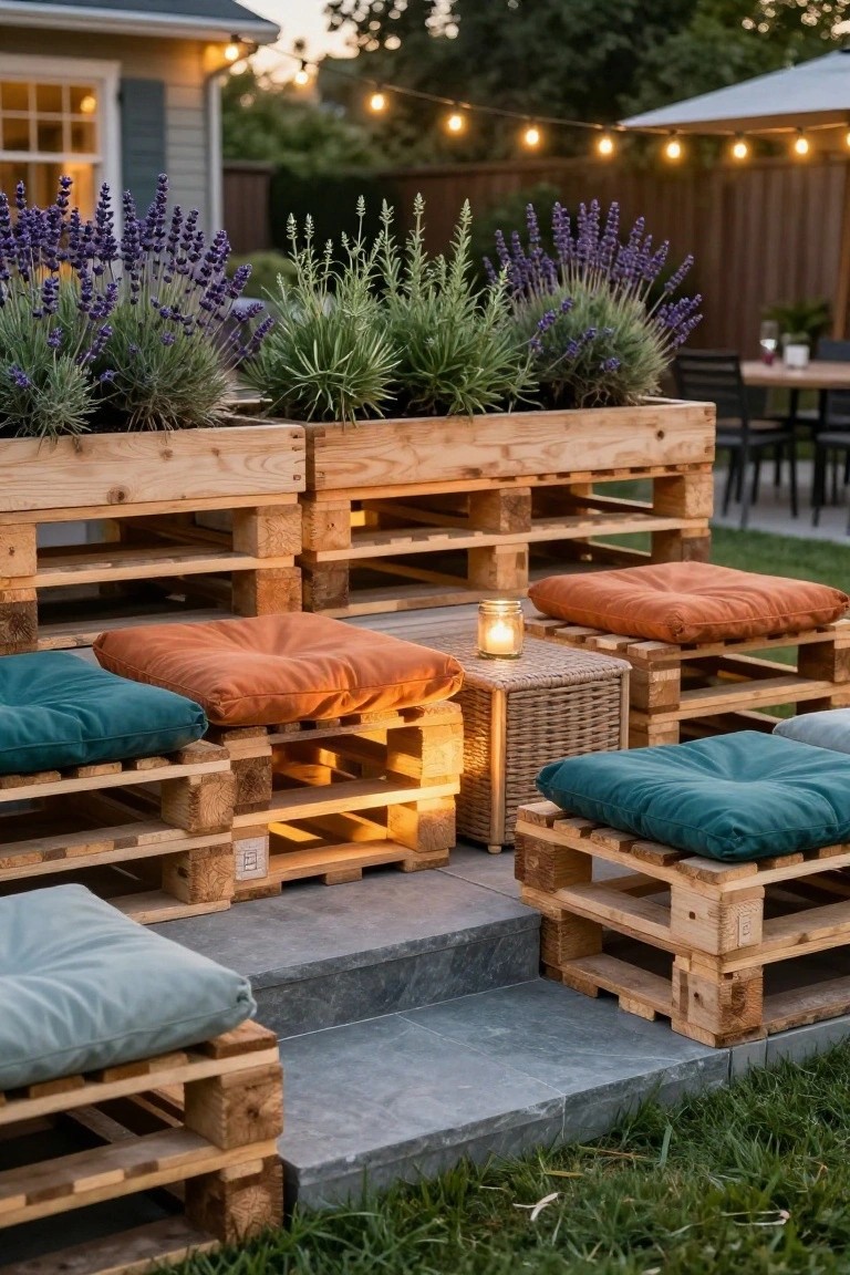 Wooden pallets arranged as tiered outdoor seating with cushions in teal and orange, adjacent planters filled with lavender plants, lanterns, and stone steps in a backyard near a house and fence.