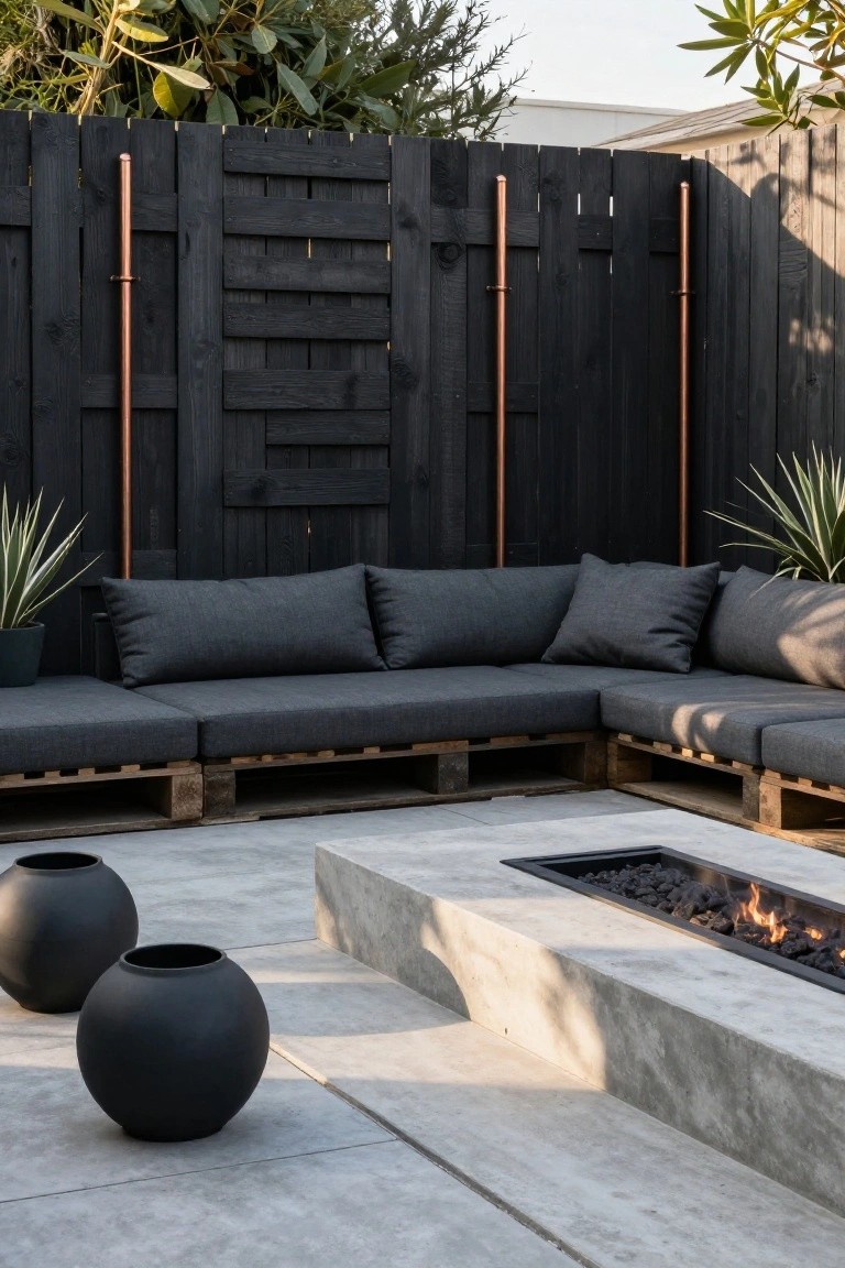 Outdoor patio featuring an L-shaped dark gray sofa on wooden pallet bases, a linear concrete fire pit with gas flames, two large black spherical pots, and agave plants, all enclosed by a tall black slatted wooden fence with vertical copper posts and surrounding greenery.