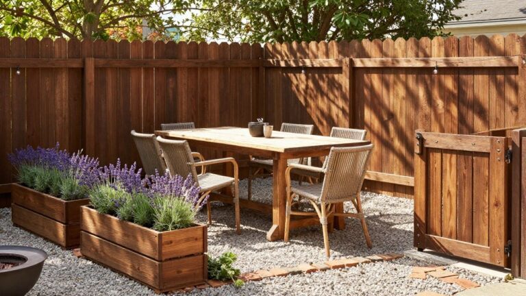 Tall wooden privacy fence enclosing a backyard patio with a rectangular wooden dining table, six rattan chairs, a ceramic bowl centerpiece, lavender plants in wooden planters, gravel ground cover, and string lights overhead.