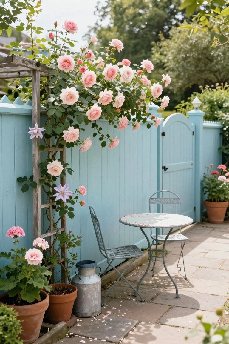 Turquoise painted slatted wooden fence with arched gate, wooden ladder trellis covered in pink climbing roses and purple clematis, small metal bistro table and chairs on stone patio, potted geraniums, and metal milk churn nearby.