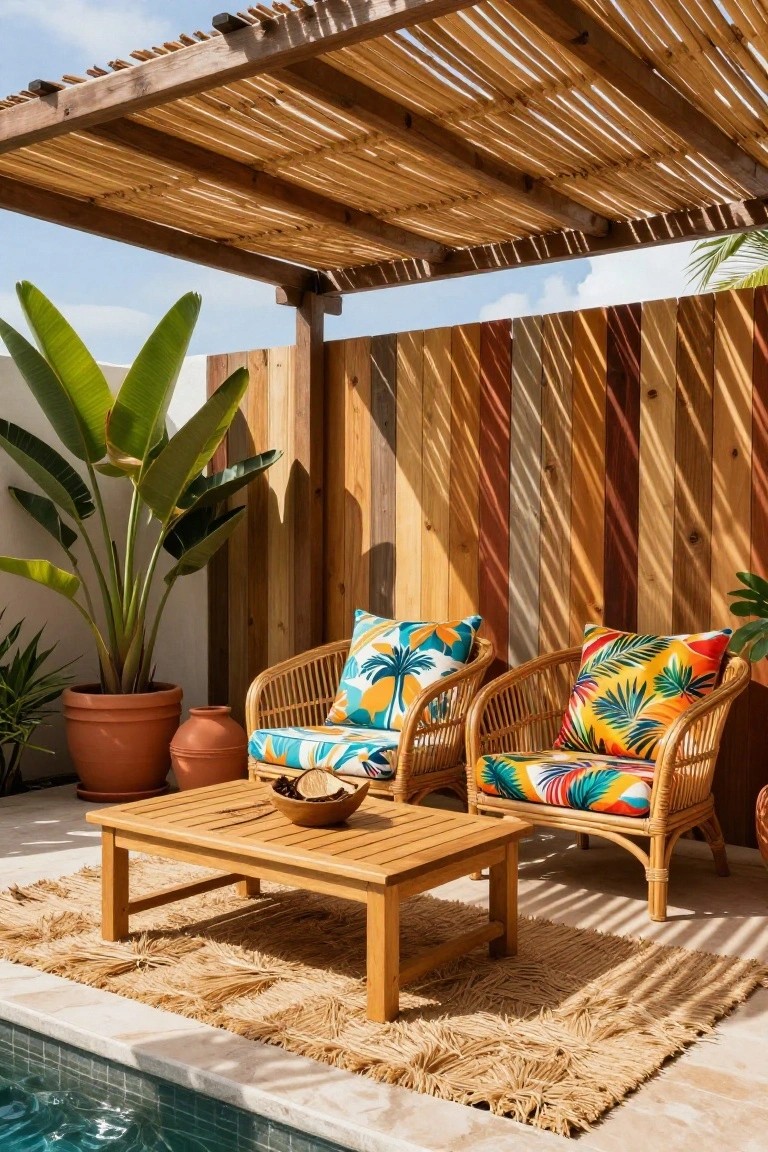 Outdoor patio area featuring two rattan armchairs with colorful tropical print cushions around a wooden coffee table holding a wooden bowl, potted plants nearby, under a bamboo pergola with a colorful multi-tone wooden slat fence in the background next to an in-ground pool.