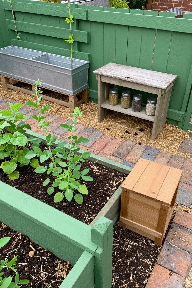 Green painted wooden slat fence encloses a backyard garden with raised green wooden beds containing young plants, a metal trough planter on a stand, wooden shelves holding jars of seeds and beans, a small wooden crate, mulch, and brick paving.