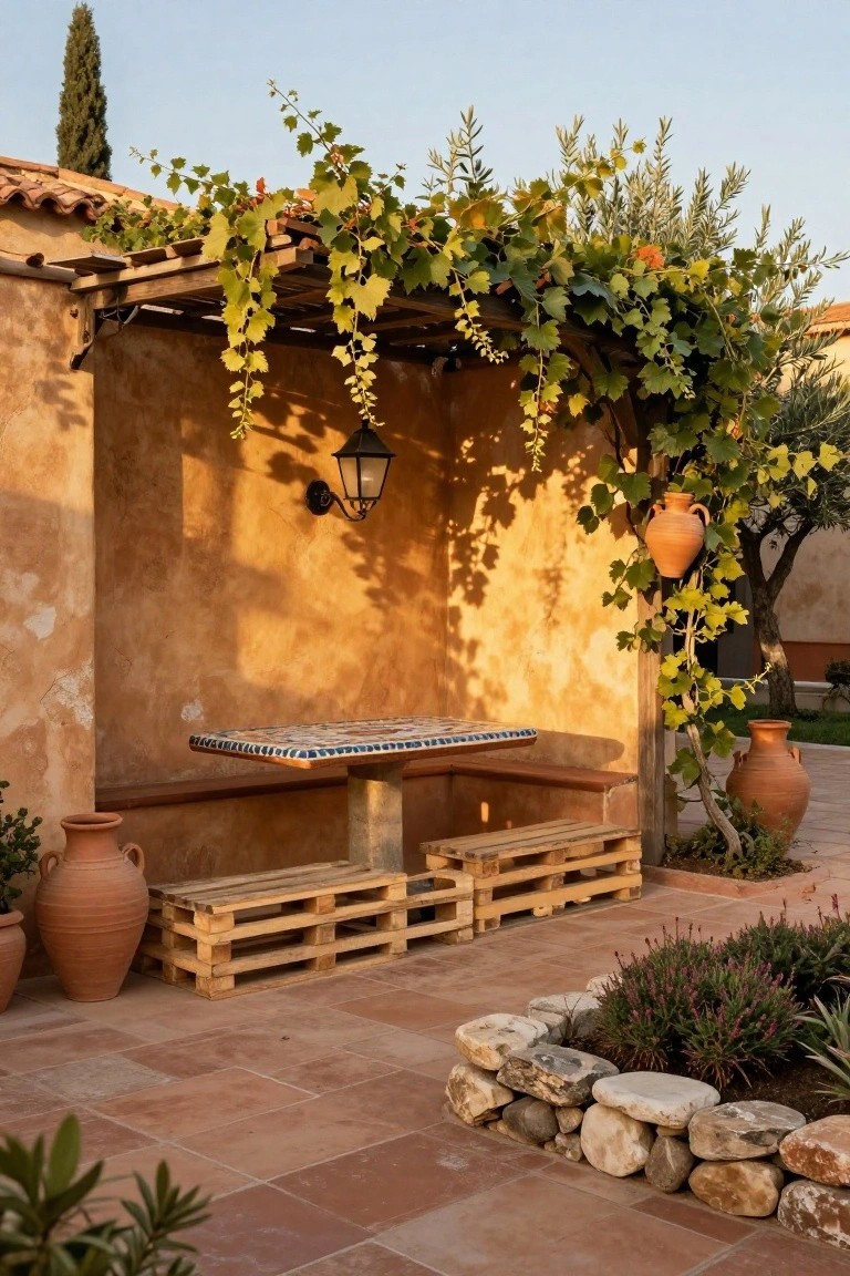 Wooden pallet benches surround a mosaic-tiled table on a terracotta-tiled patio under a vine-covered wooden pergola, with terracotta pots and plants in the background.