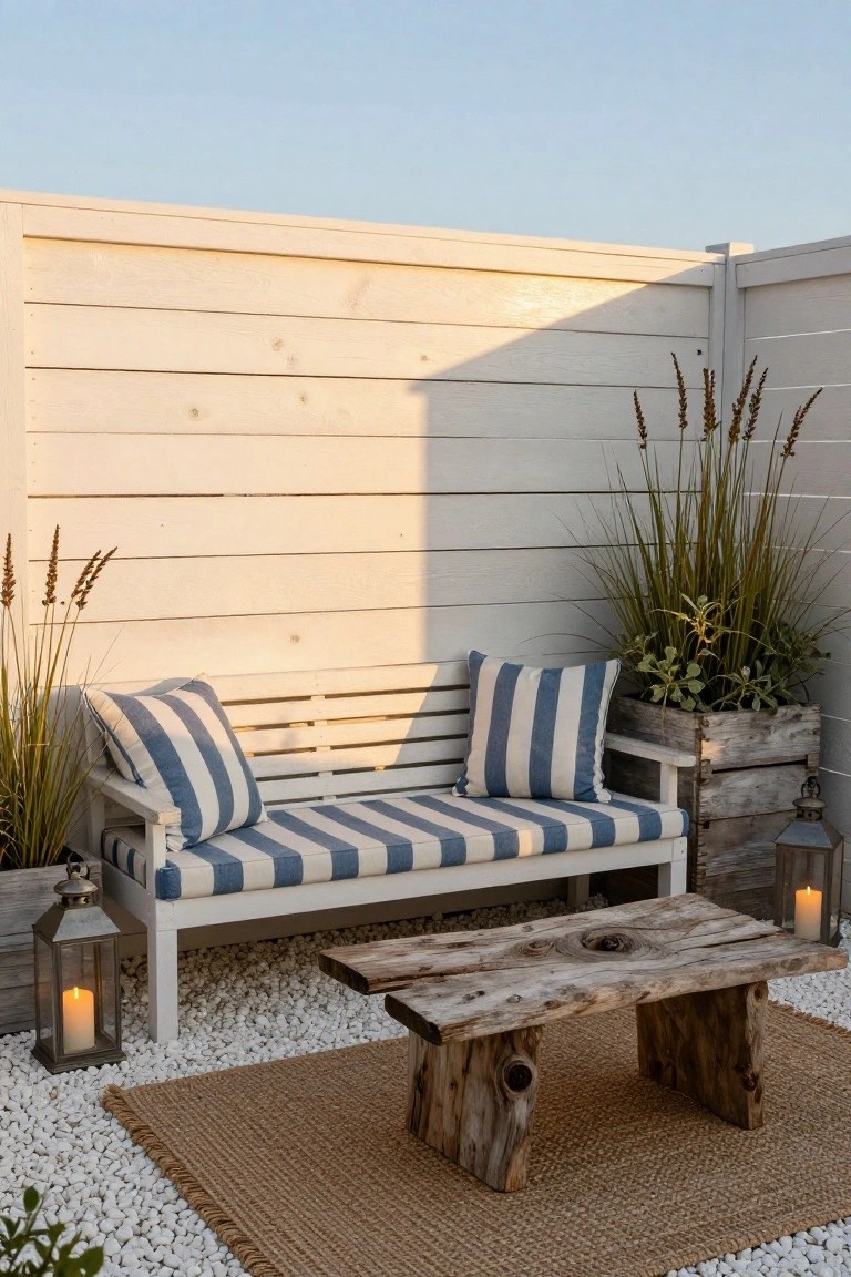White slatted wooden fence backing an outdoor seating area with a bench featuring blue striped cushions, driftwood coffee table, lanterns, potted grasses, and beige rug on white pebble ground.