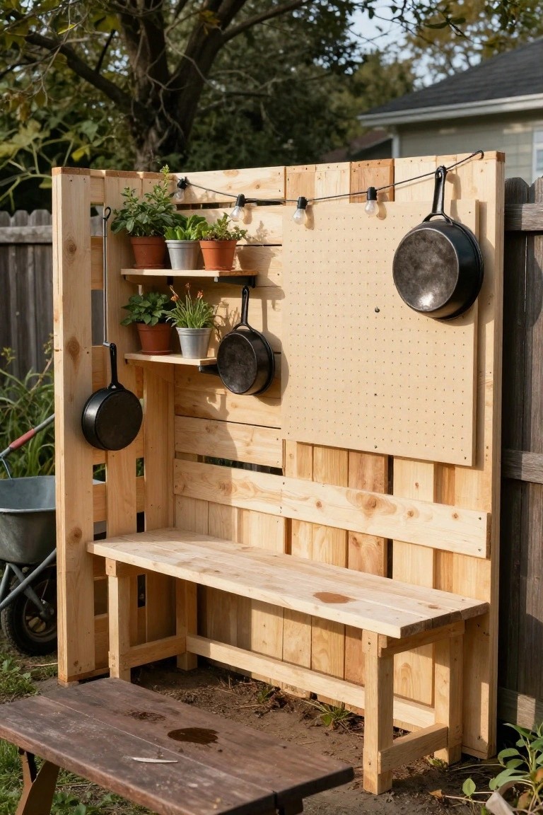 Wooden pallet fence in a backyard with shelves holding potted plants, hanging cast iron skillets, string lights, a pegboard panel, and a built-in bench seat at the base, next to a small wooden table and metal wheelbarrow.