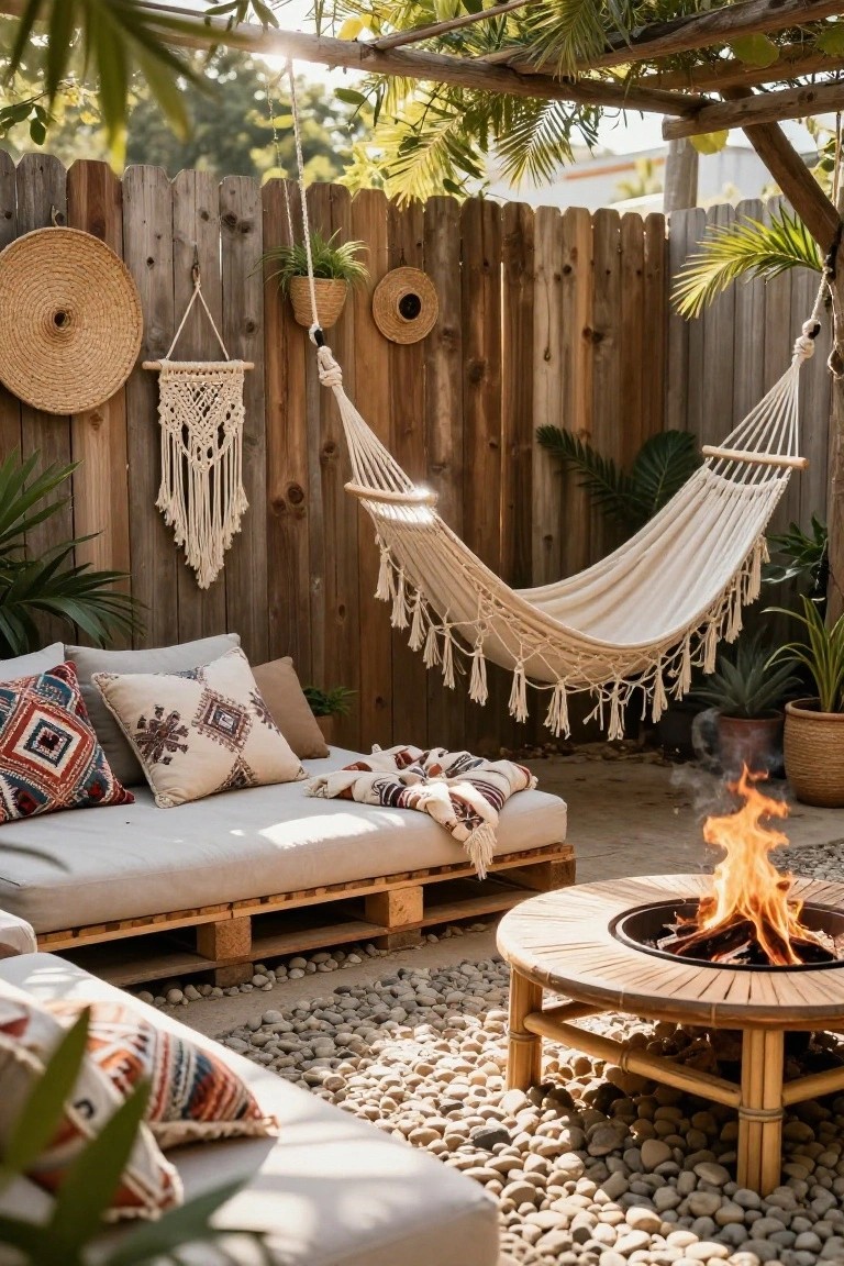 Wooden slat fence enclosing an outdoor patio with a pallet platform couch topped by cushions, a white knotted hammock, round fire pit table with flames, potted plants, hanging baskets, and straw hats on the fence.