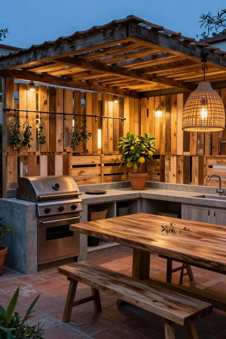 Outdoor kitchen under a wooden pergola with vertical pallet wood fencing panels lit by hanging bulbs, stainless steel grill on concrete counters, sink, wooden table with benches, potted lemon tree, and herb bundles at dusk.