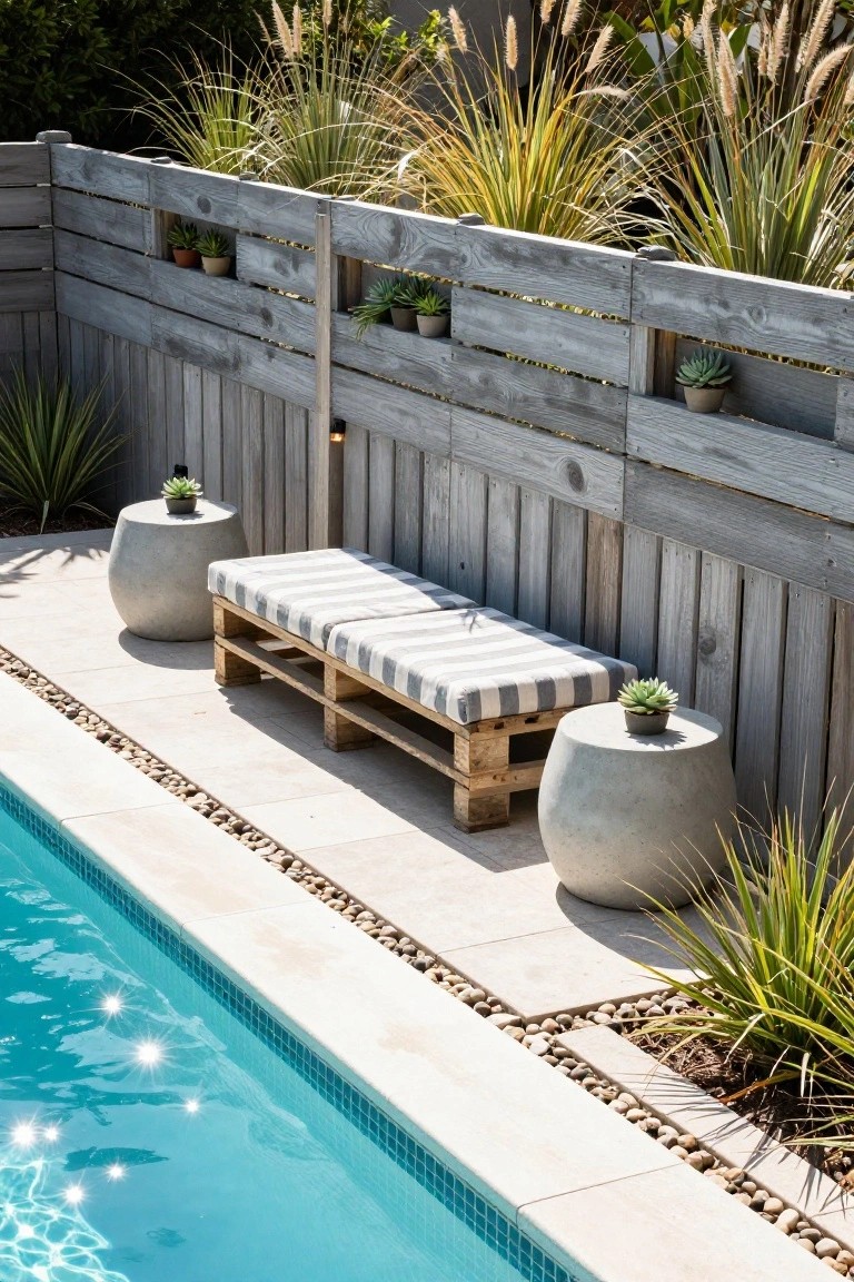 Overhead view of a poolside seating area featuring a gray horizontal slat wooden fence with integrated small potted succulents, a cushioned wooden pallet bench between two round concrete side tables, grasses, pebble borders, and blue pool water.