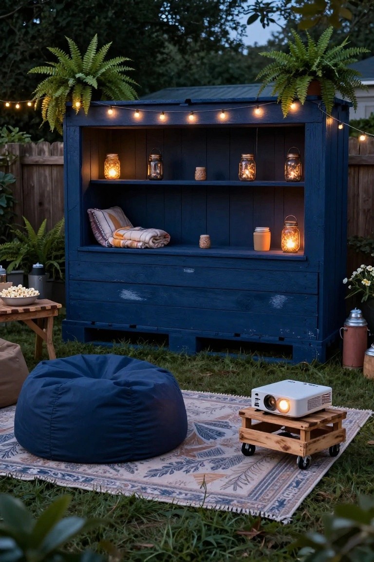 Tall blue wooden shelving unit made from pallets in a backyard at dusk, with shelves holding lit jars and lanterns, a bench seat with blanket, surrounded by plants, fairy lights, bean bag chairs on a rug, popcorn bowl, projector on wheeled pallet stand, and fence in background.