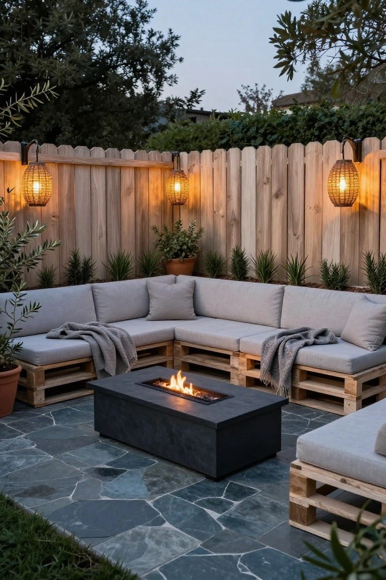Backyard patio with L-shaped outdoor sofa built on wooden pallets, gray cushions and blankets, surrounding a black rectangular gas fire table with flames lit, potted plants nearby, wooden slat fence with hanging lantern lights, slate tile floor at dusk.