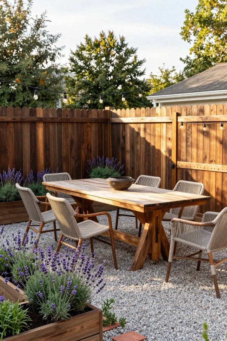 Tall wooden privacy fence enclosing a backyard patio with a rectangular wooden dining table, six rattan chairs, a ceramic bowl centerpiece, lavender plants in wooden planters, gravel ground cover, and string lights overhead.
