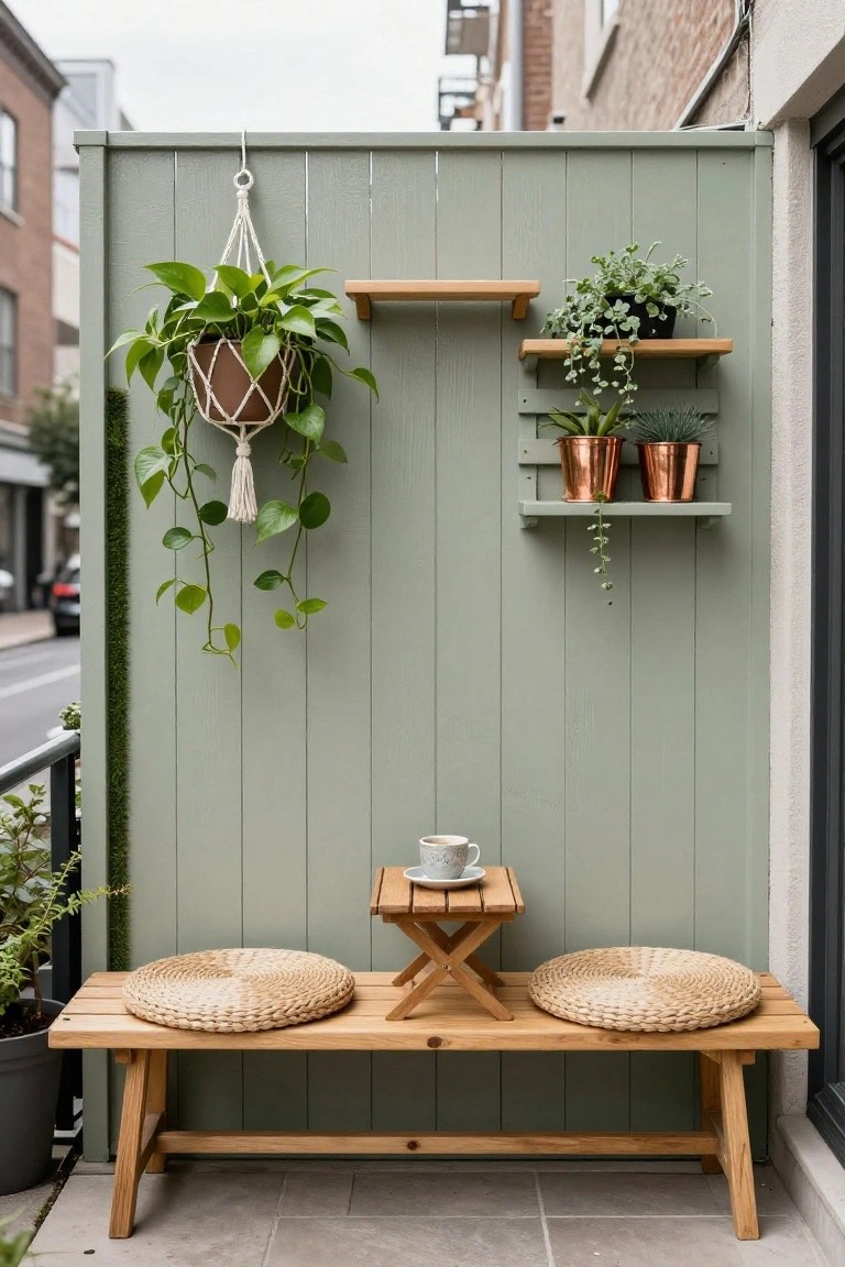 Sage green wooden slat fence on a balcony with hanging potted plants in macrame, plants on wooden shelves, wooden bench with round rattan cushions, small folding table holding a coffee cup and saucer, potted plants nearby on tiled flooring