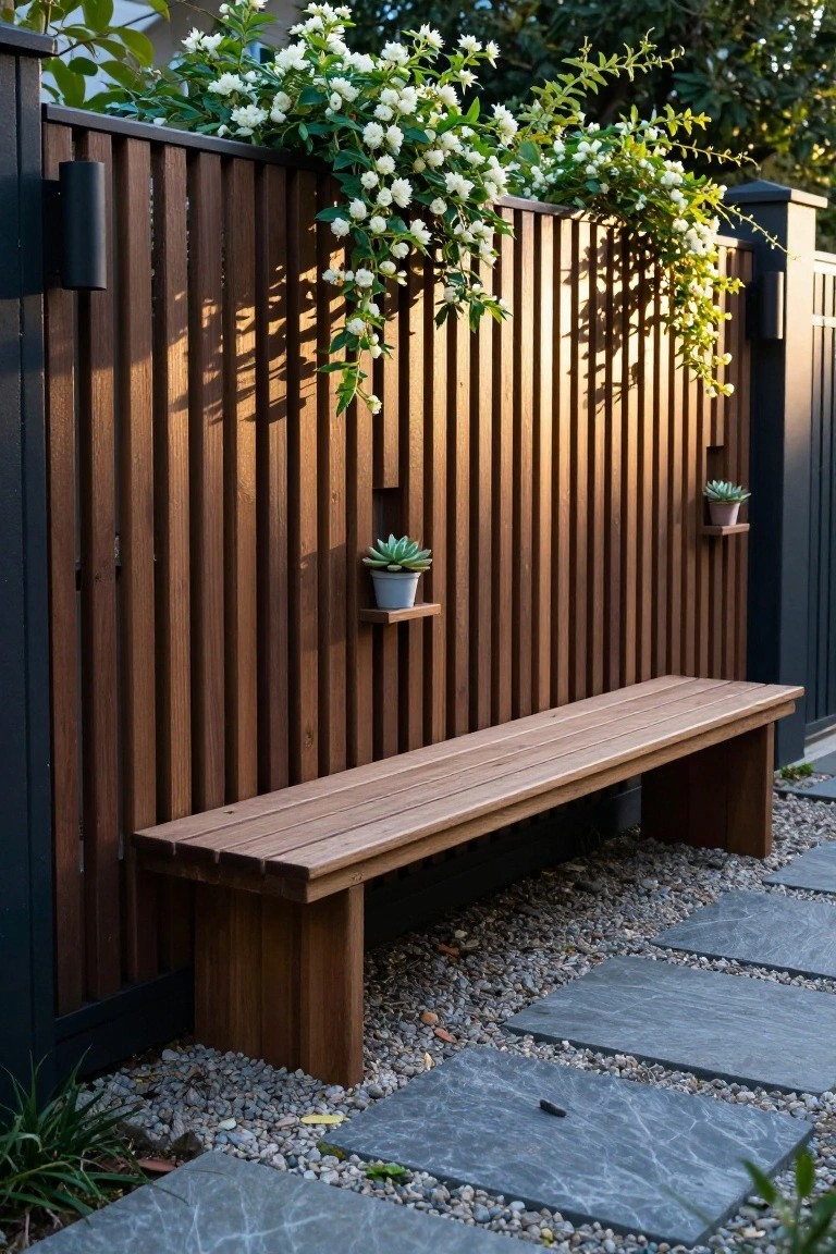 Tall vertical slatted wooden fence with climbing white flowers, succulents in built-in planters, wooden bench against the fence base, gravel ground with irregular stone pavers.
