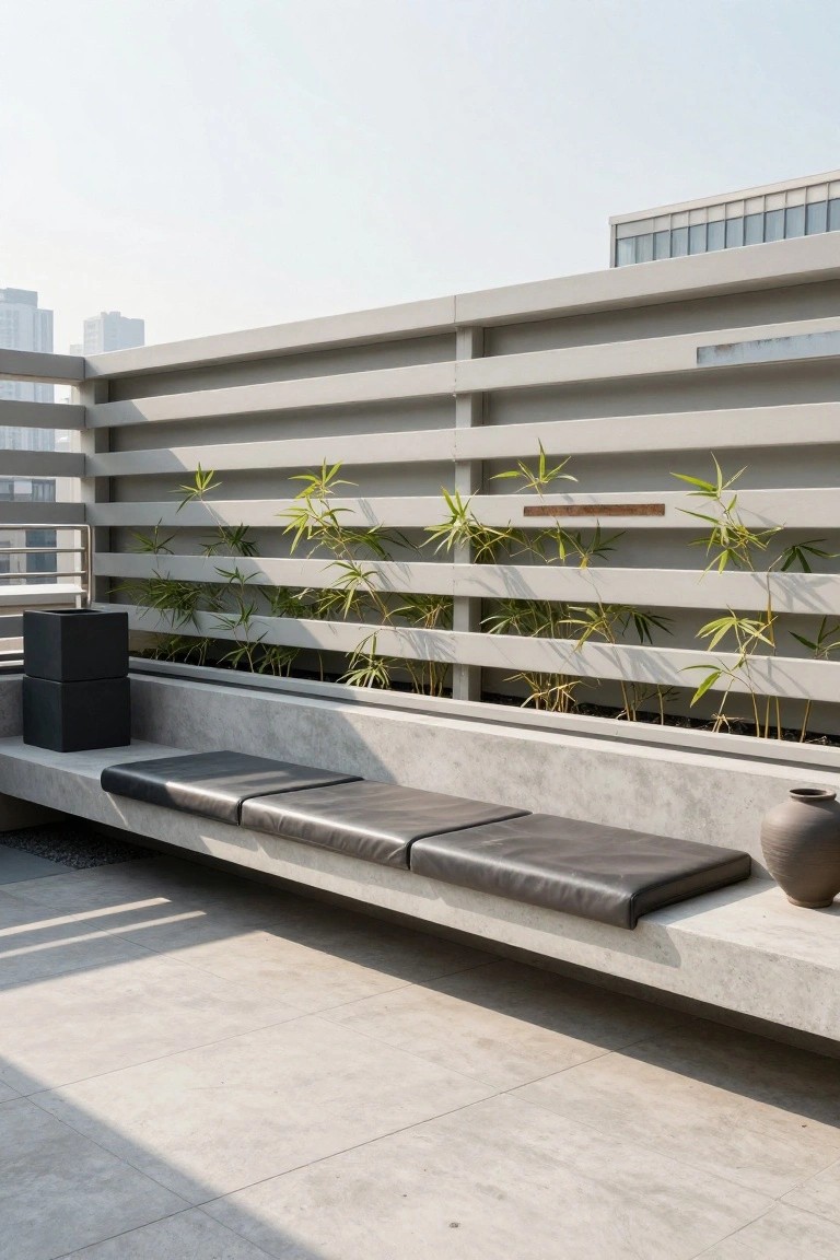 Rooftop terrace with gray horizontal slatted metal railing integrated with bamboo plants, concrete bench topped with black leather cushions, black cubic planters, and a large terracotta pot on a tiled floor, city buildings visible in the background.