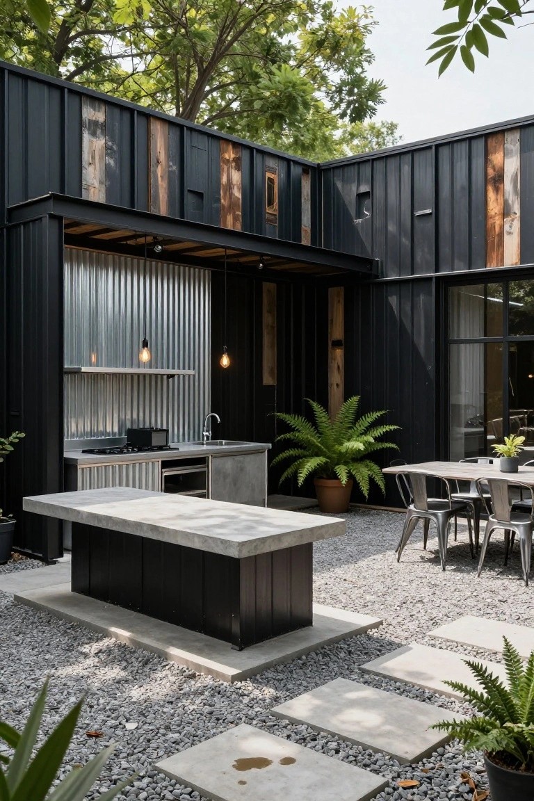 Modern outdoor kitchen with black shipping container walls featuring vertical weathered wood planks, corrugated metal backsplash, concrete countertop and table, metal stools, potted plants, gravel patio, and surrounding trees.