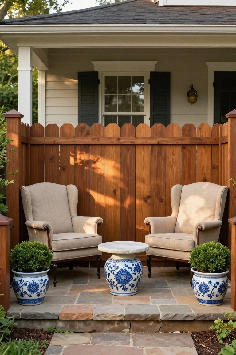 Two beige wingback armchairs face each other across a round stone-topped table with blue porcelain ginger jars containing topiaries on either side, enclosed by a tall wooden fence next to a house porch on a stone-paver patio.