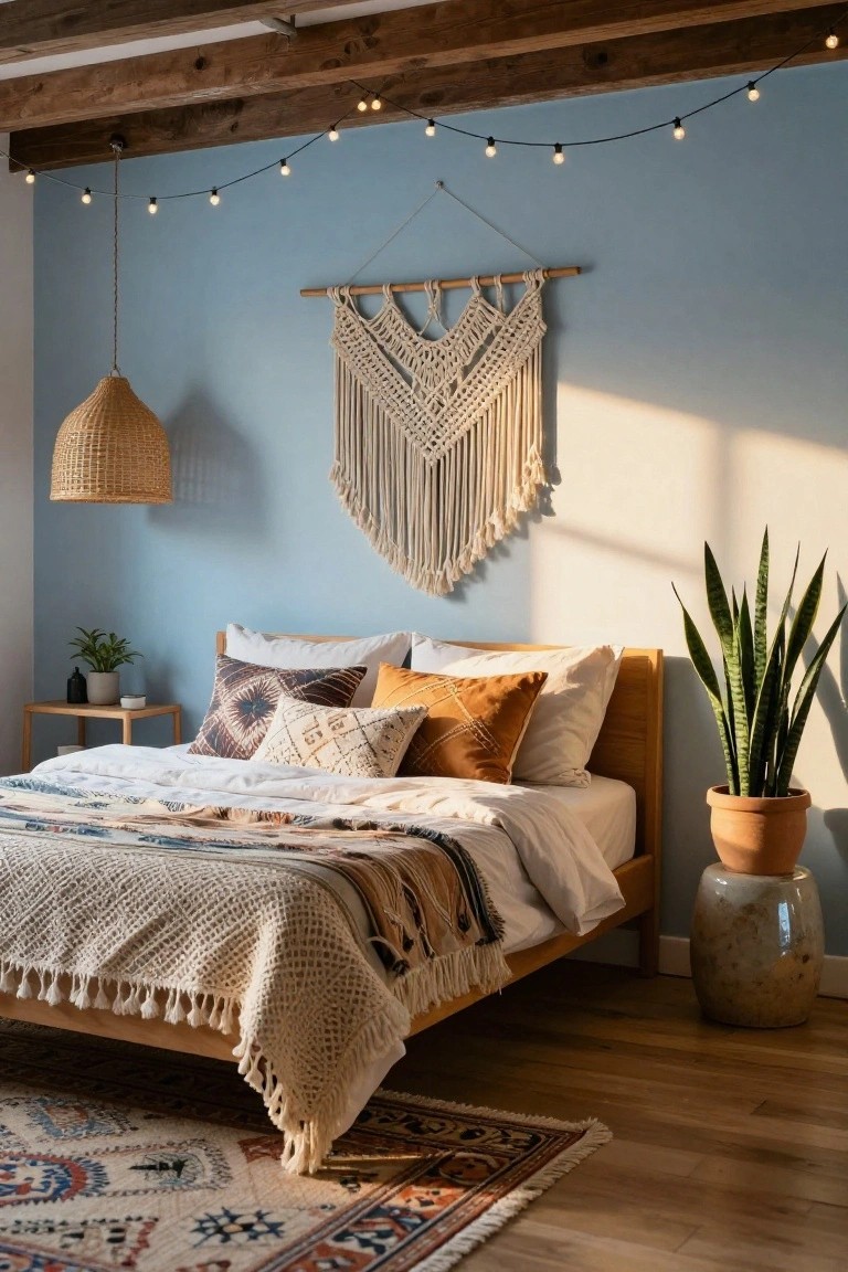 Bedroom with low wooden bed frame topped by white sheets, colorful patterned pillows, knit throw, and woven quilt, next to snake plant in terracotta pot, macrame wall hanging on blue wall, rattan lamp, string lights, and wood floor rug.