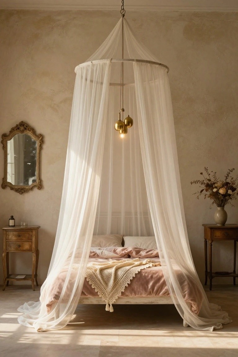 Bedroom with low white wooden platform bed under a white sheer canopy hanging from a ceiling ring, pink bedding and throw, gold pendant light, antique side tables, gilded mirror, and vase of dried flowers against beige plaster walls.