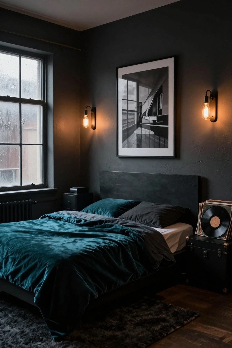 Bedroom interior with dark gray walls, low dark wood bed frame topped by emerald green velvet duvet and pillows, gray sheets, wall sconces, black-and-white architectural photo, vinyl records and black suitcase on bedside table, next to a rainy sash window.