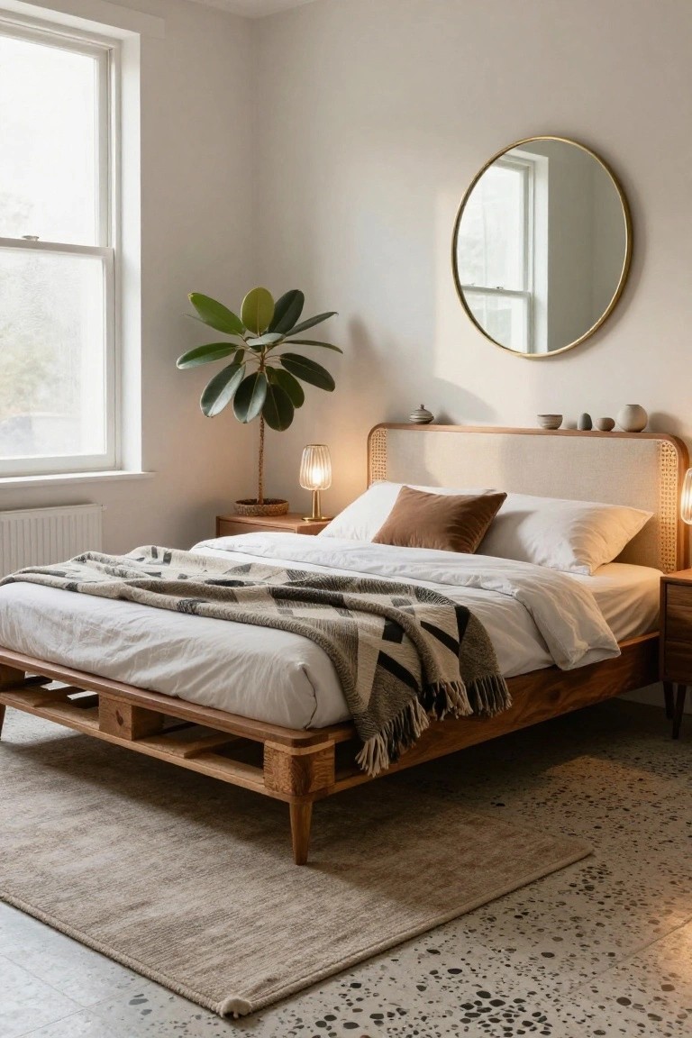 A bedroom interior with a raised wooden pallet bed frame, white bedding with a gray throw, beige cane-upholstered headboard, large potted plant, round gold mirror, and bedside lamps on light wood nightstands.