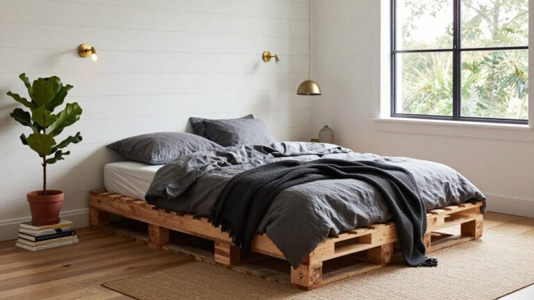 Corner of a modern bedroom with low wooden pallet bed platform topped by white sheets and gray duvet, wooden nightstand with lamp and books, large potted fiddle leaf fig plant by black-framed window, white vertical plank walls, and light wood floor with seagrass rug.