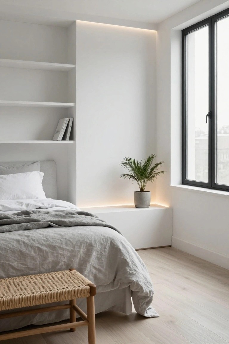 Modern white bedroom with low platform bed draped in gray linens, built-in wall shelves holding books, potted palm plant on ledge with LED lighting, large black-framed window, and rattan bench at bed foot on light wood floor.