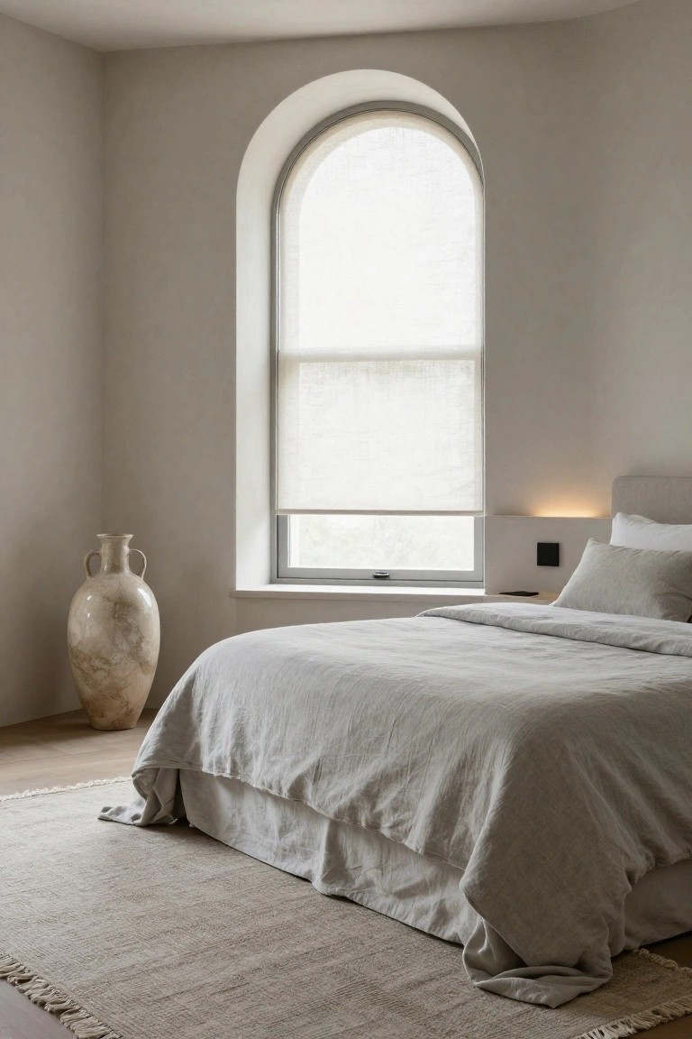 Minimalist bedroom corner showing a low platform bed with gray linen bedding and pillows, large terracotta vase on the floor nearby, arched window with sheer roller blind, light wood flooring, and fringed beige rug.