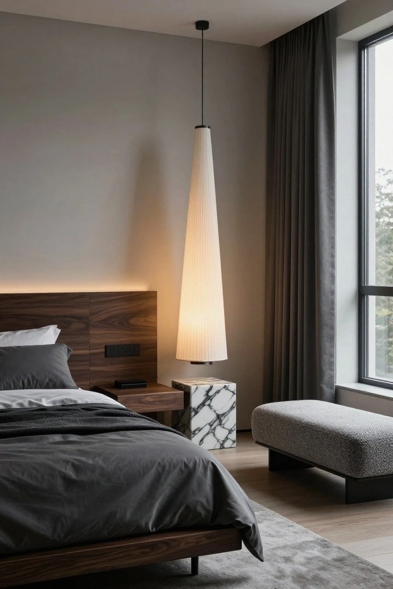 Modern bedroom interior with low walnut wood bed frame on black legs, dark gray bedding, tall white conical floor lamp, marble side table, wooden nightstand, gray ottoman, and large window with dark gray curtains over light wood floors.
